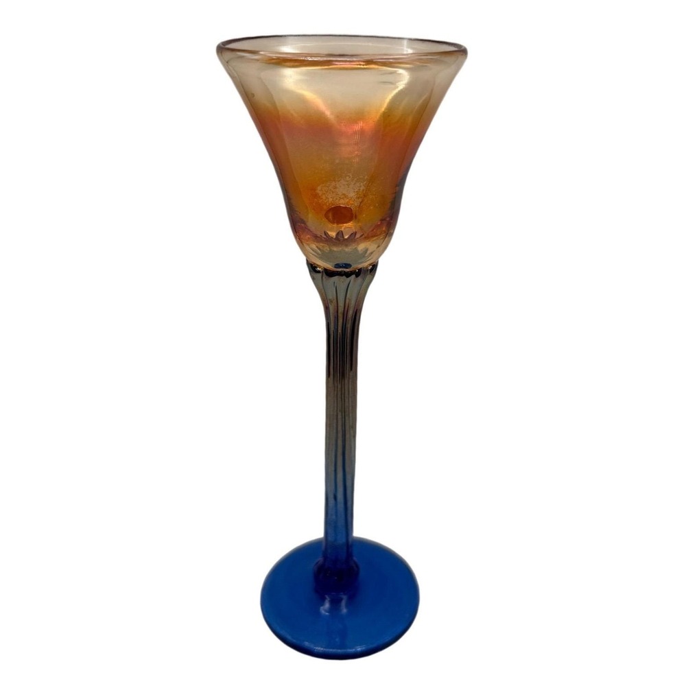 Rick Strini Art Glass Goblet Blue Stem Amber‎ Bowl Signed Studio Glass